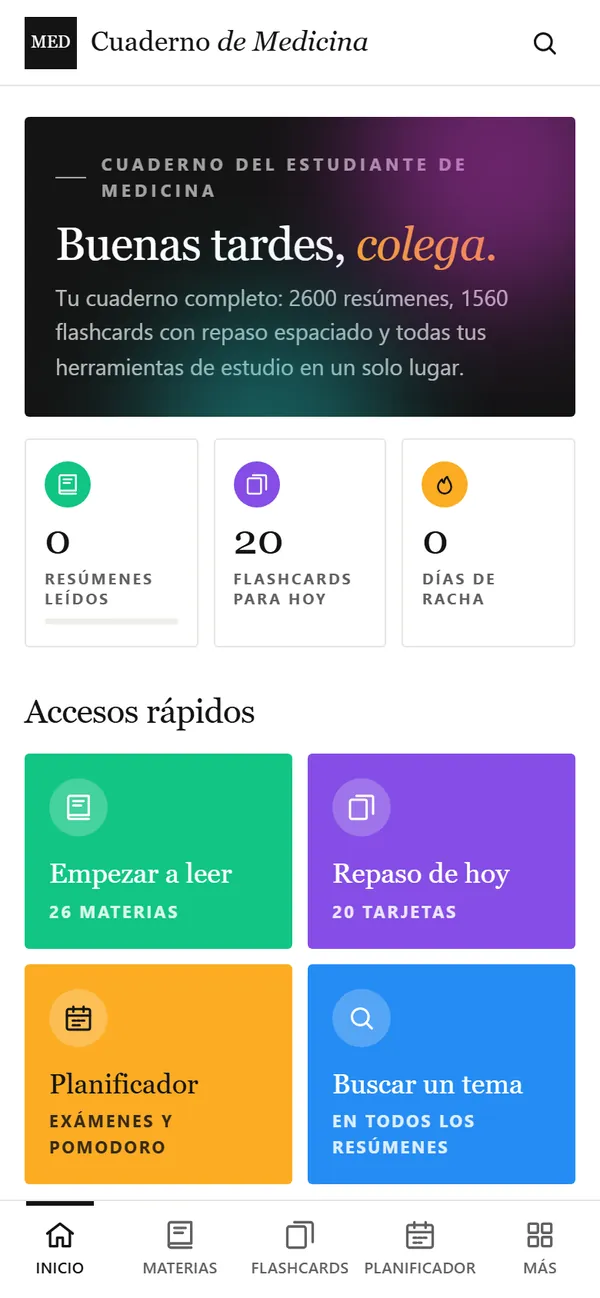 Captura real de la app: Inicio y accesos rápidos